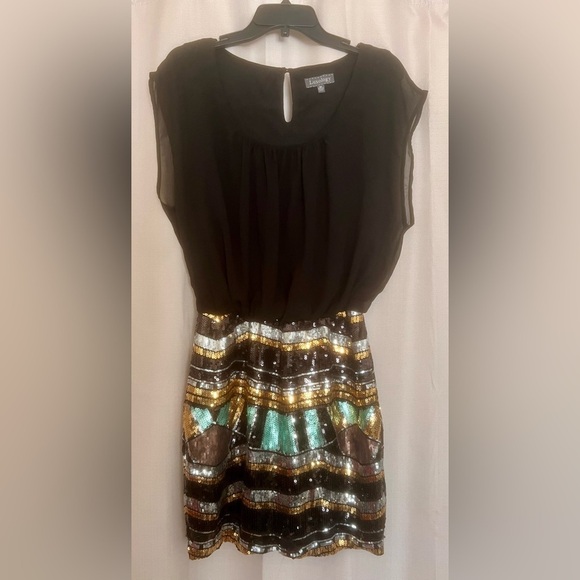 Luxology Dresses & Skirts - Luxology Sequin Dress Black Gold Sheer Top Size M